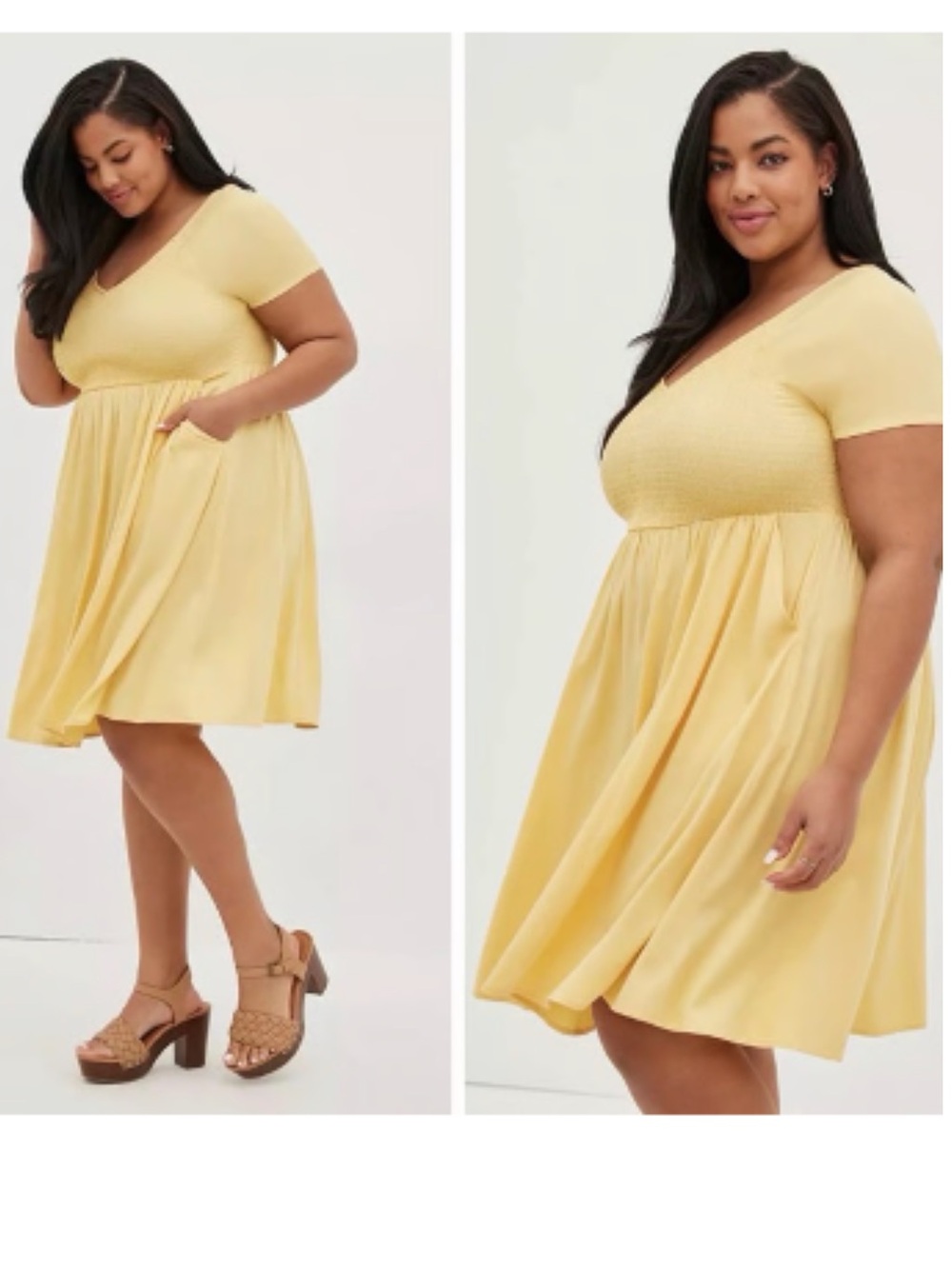 Torrid Smocked Waist Yellow V-Neck Short Sleeve Dress With Pockets - 00